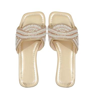 Imagem de GORGLITTER Sandálias femininas douradas com strass e pérolas, elegantes de bico quadrado, sem cadarço, sandálias de casamento, Dourado, 38