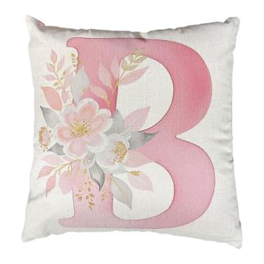 Imagem de kaiwern Capa de almofada com letras, 45,7 x 45,7 cm com flor do alfabeto B, capa de almofada decorativa floral rosa com letra inicial para decoração de ambientes externos, sala de estar, sofá, pátio