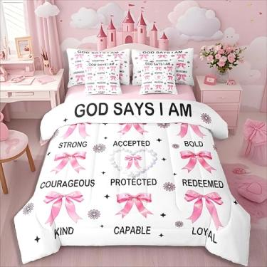 Imagem de Erosebridal Jogo de cama Queen com laço rosa fofo, 7 peças, para meninas, com lençol e lençol com citações inspiradoras, moderno, moderno, com laço em uma bolsa