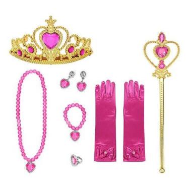 Imagem de Kit Acessórios Princesa Brinco Colar Luva Coroa Anel Varinha - Baby Pl
