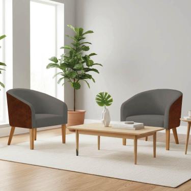 Imagem de Poltrona Sala Decorativa Kit 2 Stella Pé Madeira Trapézio Castanho Sintético Pu D03 - D'rossi Nozes-linho Grafite