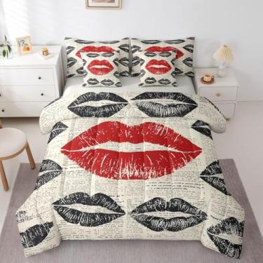 Imagem de Conjunto de cama vintage com estampa de lábios, tamanho king, retrô, moderno, beijo, feminino, descolado, 7 peças, decoração moderna e estética para meninos e meninas, cinza, vermelho e preto (lençol