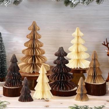 Imagem de Faccito 8 peças de centro de mesa para árvores de Natal neutras em favo de mel de papel iluminado por LED, árvore de Natal com 2 cordas de luz LED, decoração moderna para pendurar na mesa (cor