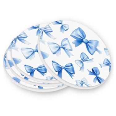 Imagem de YETTASBIN Porta-copos redondos de laço azul para bebidas 4 pacotes, porta-copos de cerâmica absorvente resistente ao calor protetor de mesa com base de cortiça para cozinha bar decoração de casa, 10