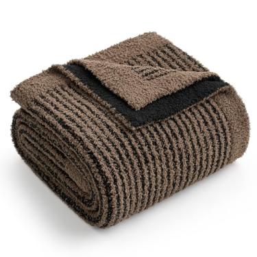 Imagem de Snuggle Sac Cobertor ultramacio para sofá, manta listrada de microfibra felpuda para sofá, viagem, marrom preto, 127 x 152 cm