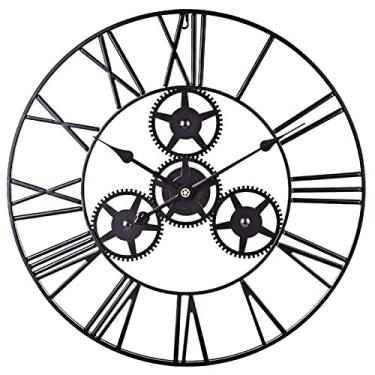 Imagem de U5GAAALPPQ9 Relógio de parede UniAdult 60 cm grande relógio de parede metal arte de parede engrenagem oca numeral romano relógio mudo para sala de estar escritório, preto (preto)