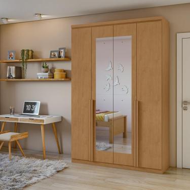 Imagem de Guarda-roupa Solteiro Alonzo 4 Portas 2 Gavetas Com Espelho Amêndoa Clean Lopas