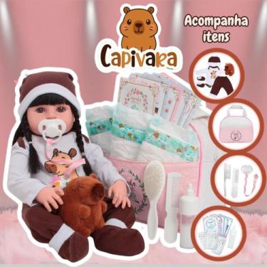 Imagem de Bebê Reborn Boneca Realista 46cm Capivara Morena Bolsa Itens - Cegonha