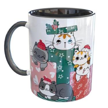 Imagem de Caneca Porcelana Natal com Gatinhos - Pense Canecas, Preto