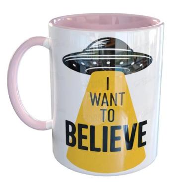 Imagem de Caneca Porcelana Ovni I Want To Believe Ufologia - Pense Canecas, Rosa