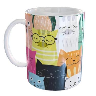 Imagem de Caneca Porcelana Mundo Felino Colorido Gatos - Pense Canecas, Branco
