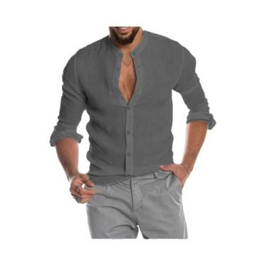 Imagem de Camisa Masculina De Verão Em Algodão E Linho De Cor Sólida Com Manga L