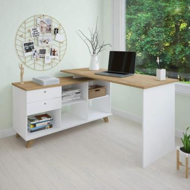 Imagem de Mesa para Computador Escrivaninha em L Gold 2 Gavetas e Nichos  Branco/Olmo - Artany
