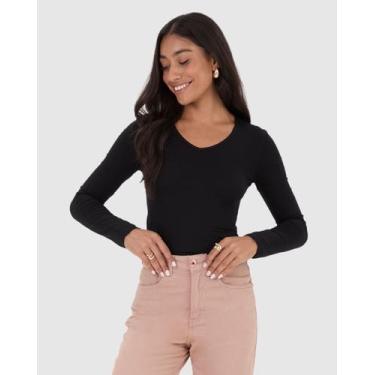 Imagem de Blusa Básica Feminina Gola V Manga Longa Em Viscose Stretch - Malwee, 