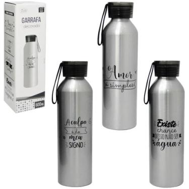 Imagem de Garrafa squeeze de aluminio prata frases com tampa 600ml - Cosy, A cul