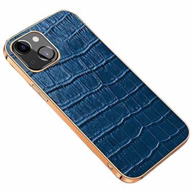Imagem de YINGDAFENG Capa para iPhone 14/14 Pro/14 Plus/14 Pro Max, capa traseira de couro de crocodilo artificial retrô com proteção de câmera durável galvanizada moldura Shell, azul, 14 plus 6,7 polegadas