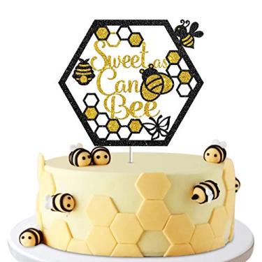Imagem de Sweet As Can Bee Sign Cake Topper, Happy Birthday Party Decor, Bumble Bee Honey, Baby Shower, Mommy to Be, Gender Reveal, Engagement Party Decoration Supplies Photo Booth Props - Glod & Black Glitter