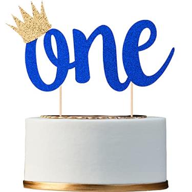 Imagem de Topper de bolo de glitter para meninos de 1º aniversário com coroa, azul royal um topo de bolo para meninos e primeiro aniversário festa suprimentos de decoração