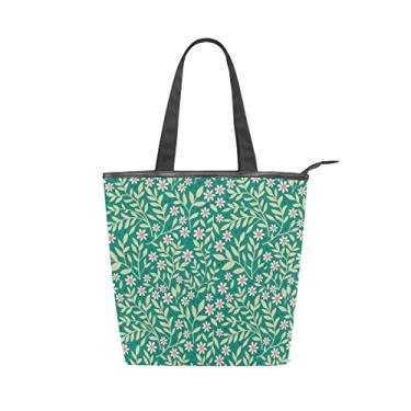 Imagem de Bolsa feminina de lona durável, elegante, pequena flores, verde, grande capacidade, sacola de compras