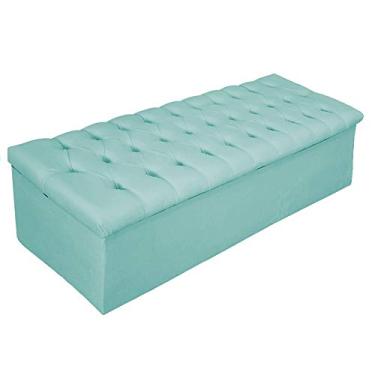 Imagem de Recamier Baú Estofada Mel 195 cm King Size Com Capitonê Suede Azul Tiffany - ADJ Decor