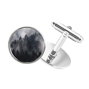 Imagem de DIYthinker Abotoaduras com botão redondo Dark Forest Mountain Fog Mist