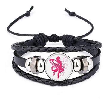 Imagem de DIYthinker Pulseira de corda trançada de couro trançado com asa rosa de borboleta