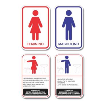 Imagem de ART PRINT DECORAÇÕES 4 Placas Sinalização Banheiro Feminino Masculino Regras 20x13cm Plástico