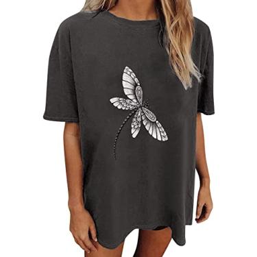 Imagem de Blusas femininas de verão grandes de manga curta com estampas estampadas blusas casuais modernas camisetas camponesas túnica de festa, Cinza escuro, P