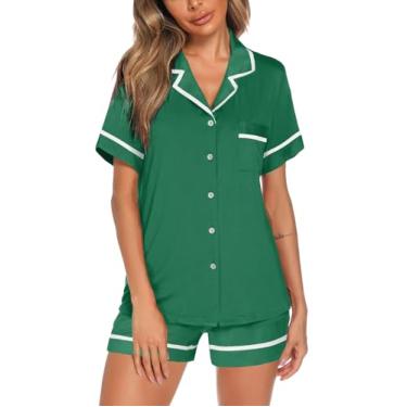 Imagem de Ekouaer Pijama feminino listrado macio manga curta botão conjunto de pijama (P-GGG), Verde, GG