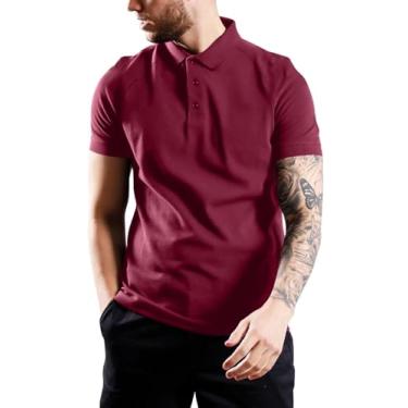 Imagem de Uni Clau Camisa polo masculina de manga curta de algodão piquê leve casual stretch Golf, Vinho tinto, P