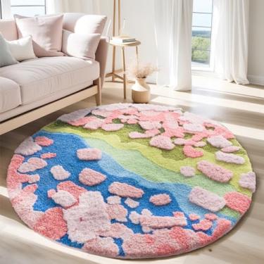 Imagem de YIHOUSE Tapete redondo moderno, tapete estético de musgo verde grama para quarto, antiderrapante, felpudo e fofo, tapete circular lavável para quarto de crianças, meninas, bebê, sala de estar,