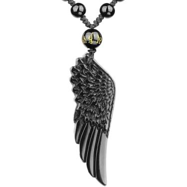 Imagem de HLbshi Colar de asa de anjo obsidiana preta, cristal natural, prata, ouro, pingente de amuleto com corrente de contas ajustável para homens e mulheres, Cristal, Obsidiana