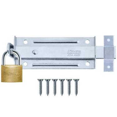 Imagem de Ferrolho Trinco Tarjeta Fecho Chato 13Cm + Cadeado 25Mm