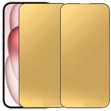 Imagem de BWEDXEZ Pacote com 2 películas protetoras de tela espelhada de vidro temperado anti-azul para iPhone 15/iPhone 16 6,1 polegadas, dourado