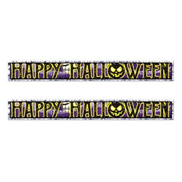 Imagem de Beistle Banners de plástico metálico assustador Happy Halloween franjas 2 peças decorações penduradas, 19 cm x 15 m, roxo/preto/branco/amarelo/prata