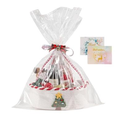 Imagem de Cesta de presente de Natal com 2 cartões comemorativos | Fita | Celofane, cesta de armazenamento de corda de algodão vazia com alça oculta para chá de bebê, Páscoa, Halloween, aniversário, 35,5 x 25,4