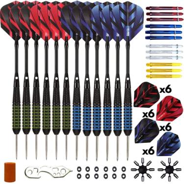 Imagem de Conjunto de dardos de ponta de aço - ponta de aço profissional de 12 peças para alvo de dardos - Inclui barris de latão de aço + eixos de plástico e alumínio + anéis de vedação + voos e protetores +