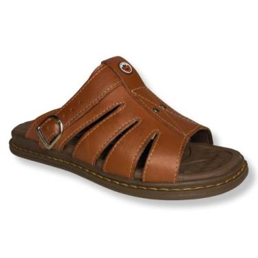 Imagem de Chinelo Anatômico Idoso Sandália Masculina Antiestresse de Couro Legít