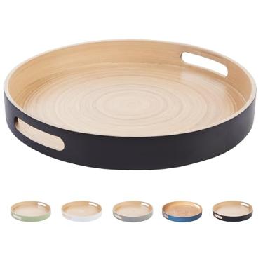 Imagem de Bandeja decorativa de bambu fiado para mesa de café, bandeja otomana, bandeja de madeira, bandeja redonda, decoração de bandeja de mesa de café, bandeja redonda grande de 34 cm