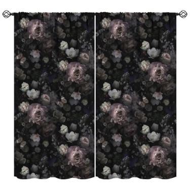 Imagem de Cortinas blackout florais vintage gótico vitoriano preto rosa rosa rosa conjuntos 2 painéis cortinas casa de fazenda para sala de estar quarto cozinha janela tratamentos haste bolso 106 x 113