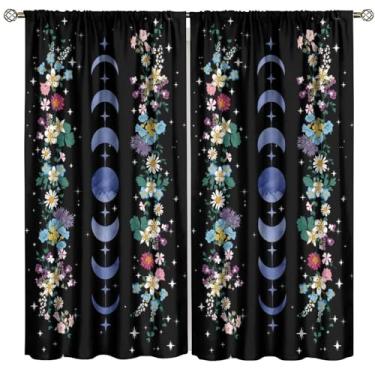 Imagem de Llylumty Cortinas florais de lua, primavera verão floral natural boêmia lua noite lua fase estrela decoração de casa blackout bolso tratamento de janela para sala de estar 53 x 114 cm, conjunto de 2