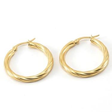 Imagem de Brincos de argola torcida para mulheres, banhado a ouro 18 K, aço inoxidável, 30 mm, grandes, redondos, brincos de argola para orelha hipoalergênica, 25mm(0.98Inch), Aço inoxidável, Sem pedra preciosa