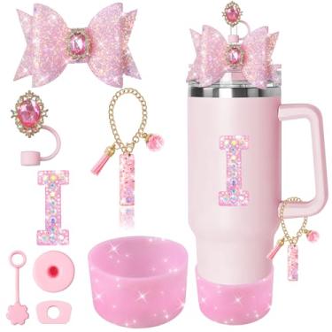 Imagem de XIANGYUAN Conjunto de 8 peças de acessórios rosa brilhante para copo Stanley Cup 850 g 1,134 g com alça, incluindo tampa de cobertura de palha de silicone, tampa à prova de derramamento, pingente de