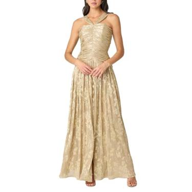 Imagem de Shoshanna Vestido feminino Lora de chiffon plissado dourado, Folha de ouro, 44