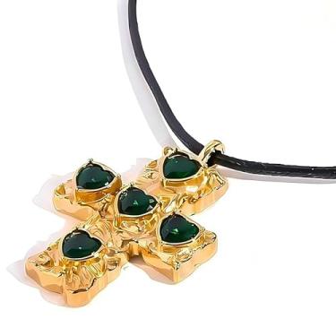 Imagem de WARIDAR MAX Colar com pingente de cruz de zircônia cúbica martelada banhada a ouro 18 K, brincos de pino | Colar hipoalergênico de luxo com cordão preto, brincos de pino | Colar com pingente de fé