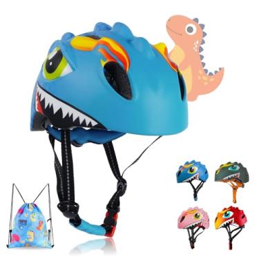 Imagem de Capacete infantil para crianças de 2, 3, 4, 5, 6, 7, 8 anos, com design de dinossauro 3D e certificado de segurança, capacete de patinação e skate (azul)