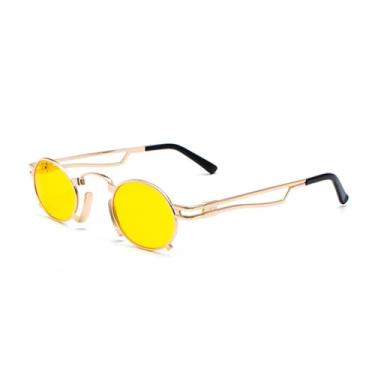 Imagem de VFDHN Óculos de sol retrô steampunk masculino, redondo, vintage, verão, armação de metal, preto, oval para mulheres (armação dourada e amarela)