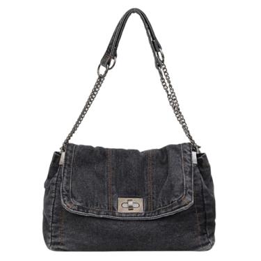 Imagem de Extolove Bolsa jeans, bolsa tiracolo jeans Y2K bolsas jeans para mulheres flip denim bolsa de ombro, Preto