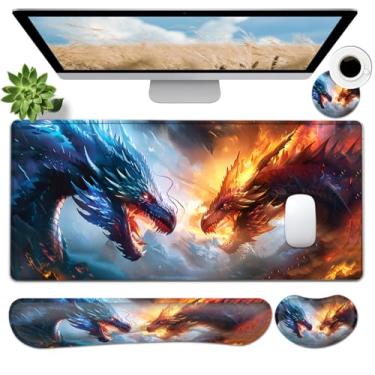 Imagem de JVGFYNKL Conjunto grande de mouse pad para jogos, suporte ergonômico para teclado de espuma de memória + descanso de pulso para mouse + tapete de mesa estendido com base de borracha antiderrapante