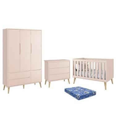 Imagem de Dormitório Infantil Theo Retrô 3 Portas, Cômoda, Berço Rosa Fosco com 